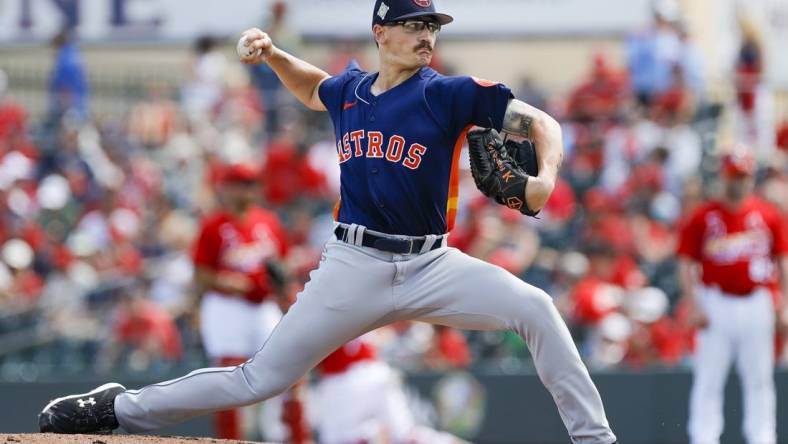 Mar 18, 2022; Jupiter, Florida, USA; Houston Astros pitcher J.P. France (78) delivers a pitch in third inning of the game against the St. Louis Cardinals during spring training at Roger Dean Stadium. Mandatory Credit: Sam Navarro-USA TODAY Sports