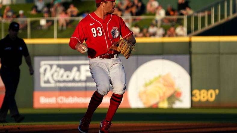 Cincinnati Reds shortstop Matt McLain (93) throws to first for an out during a spring training game against the Milwaukee Brewers, Wednesday, March 23, 2022, at Goodyear Ballpark in Goodyear, Ariz.

Cincinnati Reds Spring Training March 23 1658