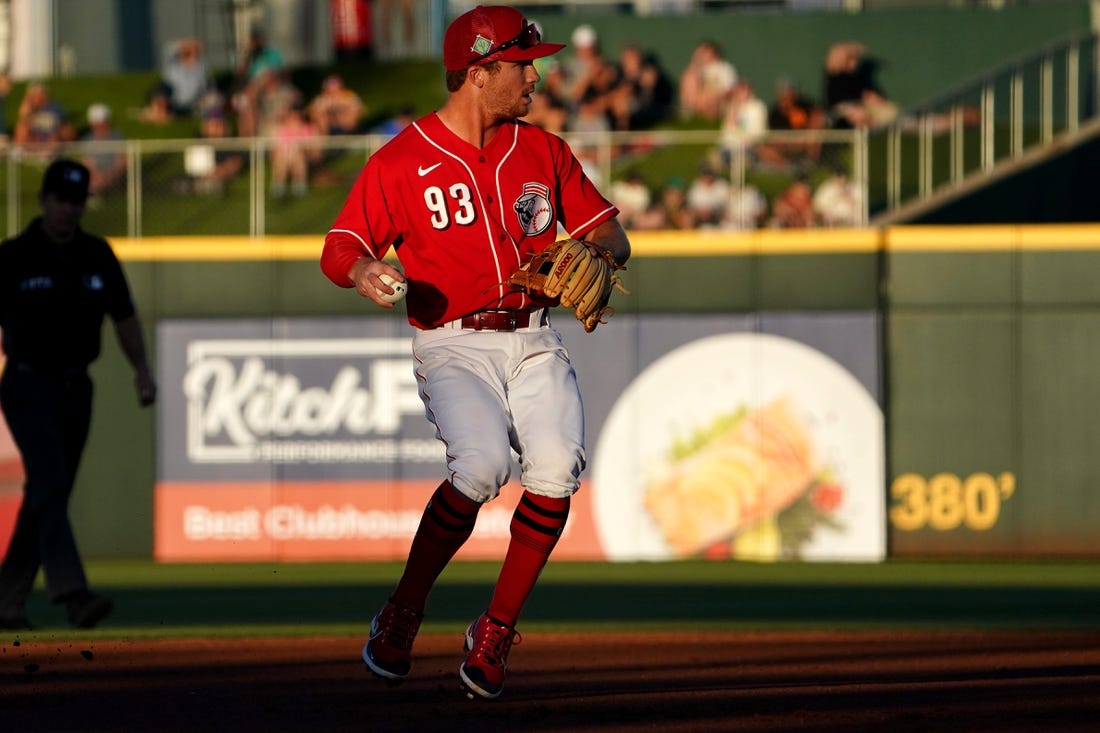 Cincinnati Reds shortstop Matt McLain (93) throws to first for an out during a spring training game against the Milwaukee Brewers, Wednesday, March 23, 2022, at Goodyear Ballpark in Goodyear, Ariz.

Cincinnati Reds Spring Training March 23 1658