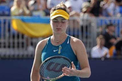Mar 24, 2022; Miami Gardens, FL, USA; Elina Svitolina (UKR) reacts between games against Heather Watson (GBR) (not pictured) in a second round women's singles match in the Miami Open at Hard Rock Stadium. Mandatory Credit: Geoff Burke-USA TODAY Sports
