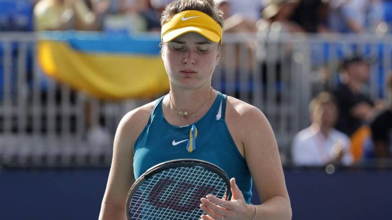 Mar 24, 2022; Miami Gardens, FL, USA; Elina Svitolina (UKR) reacts between games against Heather Watson (GBR) (not pictured) in a second round women's singles match in the Miami Open at Hard Rock Stadium. Mandatory Credit: Geoff Burke-USA TODAY Sports