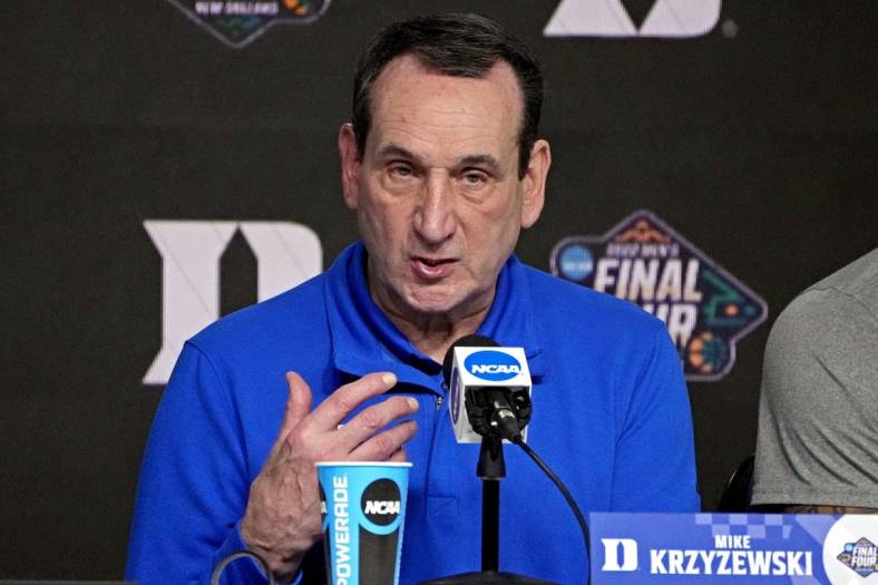 Apr 2, 2022; New Orleans, LA, USA; Duke Blue Devils head coach Mike Krzyzewski speaks in a press conference after the game against the North Carolina Tar Heels in the 2022 NCAA men's basketball tournament Final Four semifinals at Caesars Superdome. Mandatory Credit: Robert Deutsch-USA TODAY Sports