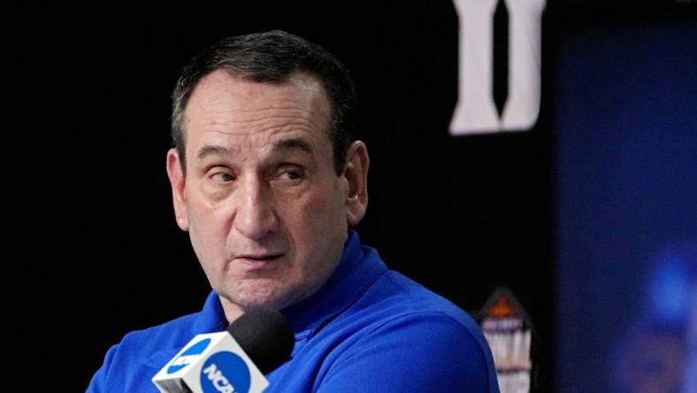 Apr 2, 2022; New Orleans, LA, USA; Duke Blue Devils head coach Mike Krzyzewski speaks in a press conference after the game against the North Carolina Tar Heels in the 2022 NCAA men's basketball tournament Final Four semifinals at Caesars Superdome. Mandatory Credit: Robert Deutsch-USA TODAY Sports