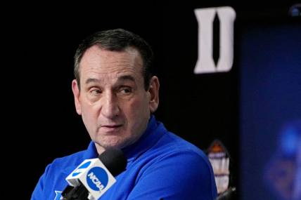 Apr 2, 2022; New Orleans, LA, USA; Duke Blue Devils head coach Mike Krzyzewski speaks in a press conference after the game against the North Carolina Tar Heels in the 2022 NCAA men's basketball tournament Final Four semifinals at Caesars Superdome. Mandatory Credit: Robert Deutsch-USA TODAY Sports