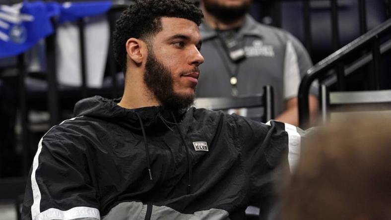 Apr 10, 2022; Minneapolis, Minnesota, USA;  Chicago Bulls guard Lonzo Ball (2) looks on against the Minnesota Timberwolves during the fourth quarter at Target Center. Mandatory Credit: Nick Wosika-USA TODAY Sports