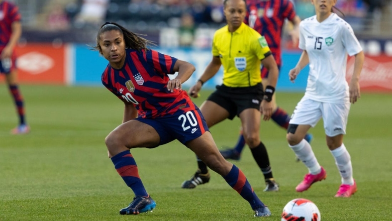 Apr 12, 2022; Chester, Pennsylvania, USA; United States midfielder Catarina Macario (20) passes the ball against Uzbekistan during the first half of an international friendly women's soccer match at Subaru Park. Mandatory Credit: Bill Streicher-USA TODAY Sports