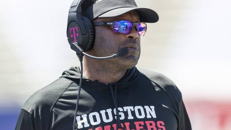 May 8, 2022; Birmingham, AL, USA;  Houston Gamblers head coach Kevin Sumlin paces the sidelines during the first half at Protective Stadium. Mandatory Credit: Vasha Hunt-USA TODAY Sports