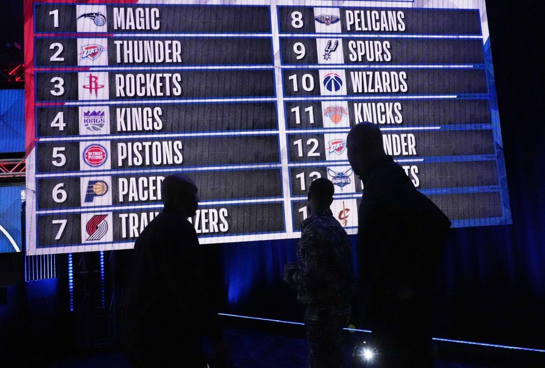 May 17, 2022; Chicago, IL, USA; People look at the draft lottery order after the 2022 NBA Draft Lottery at McCormick Place. Mandatory Credit: David Banks-USA TODAY Sports