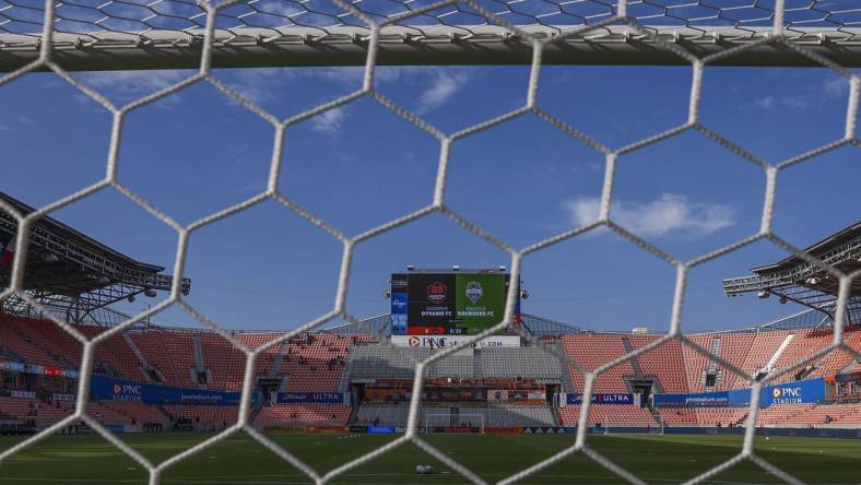 May 18, 2022; Houston, Texas, USA; General view from behind a goal at PNC Stadium before the match between the Houston Dynamo FC and the Seattle Sounders FC. Mandatory Credit: Troy Taormina-USA TODAY Sports