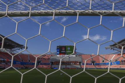 May 18, 2022; Houston, Texas, USA; General view from behind a goal at PNC Stadium before the match between the Houston Dynamo FC and the Seattle Sounders FC. Mandatory Credit: Troy Taormina-USA TODAY Sports