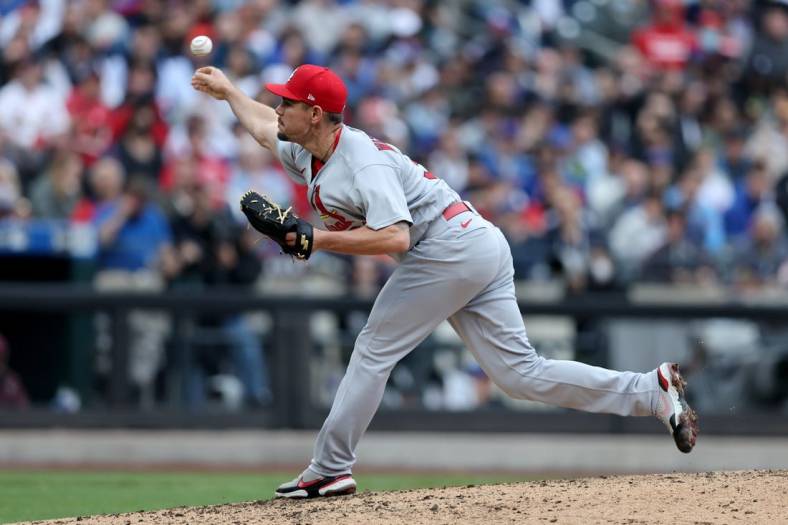 May 19, 2022; New York City, New York, USA; St. Louis Cardinals relief pitcher Nick Wittgren (30) pitches against the New York Mets during the fifth inning at Citi Field. Mandatory Credit: Brad Penner-USA TODAY Sports