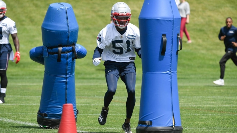 May 23, 2022; Foxborough, MA, USA; New England Patriots wide receiver Tyquan Thornton (51) does a drill at the team's OTA at Gillette Stadium. Mandatory Credit: Eric Canha-USA TODAY Sports