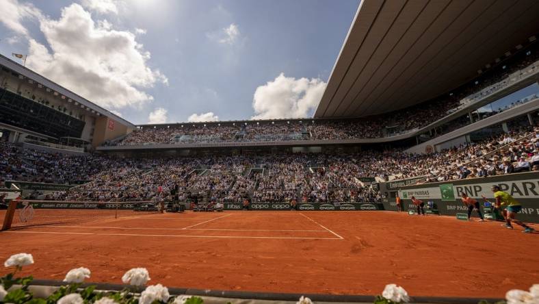 June 5, 2022; Paris, France; General view of Court Philippe Chatrier for the Rafael Nadal (ESP) and Casper Ruud (NOR) men s final on day 15 of the French Open at Stade Roland-Garros. Mandatory Credit: Susan Mullane-USA TODAY Sports