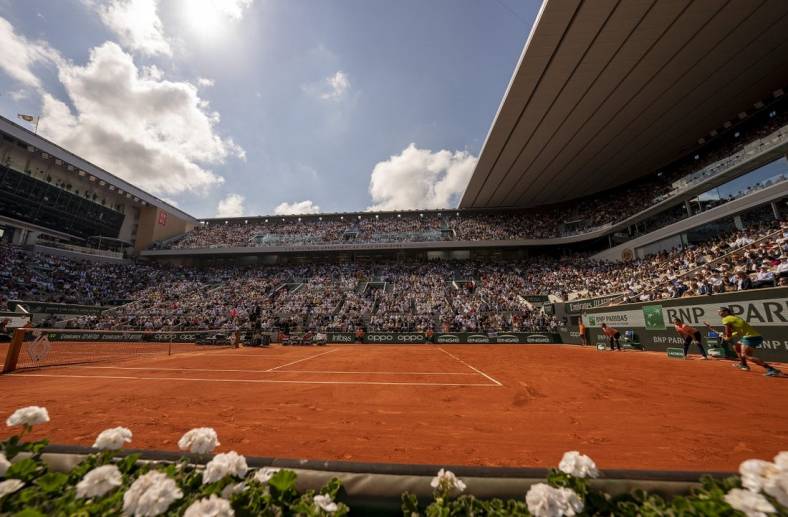 June 5, 2022; Paris, France; General view of Court Philippe Chatrier for the Rafael Nadal (ESP) and Casper Ruud (NOR) men s final on day 15 of the French Open at Stade Roland-Garros. Mandatory Credit: Susan Mullane-USA TODAY Sports