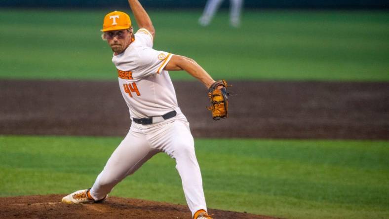 Tennessee's Ben Joyce (44) pitches during the first round of the NCAA Knoxville Super Regionals between Tennessee and Notre Dame at Lindsey Nelson Stadium in Knoxville, Tennessee on Friday, June 10, 2022.

Tennvsndbaseball 1582