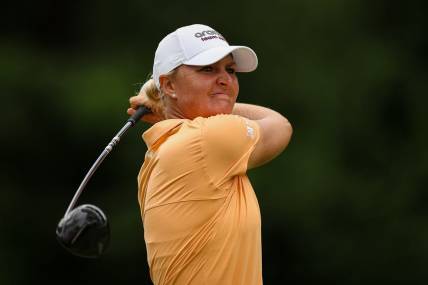 Jun 24, 2022; Bethesda, Maryland, USA; Anna Nordqvist plays her shot from the 14th tee during the second round of the KPMG Women's PGA Championship golf tournament at Congressional Country Club. Mandatory Credit: Scott Taetsch-USA TODAY Sports