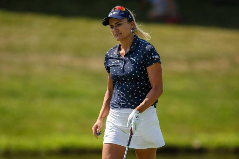 Jun 26, 2022; Bethesda, Maryland, USA; Lexi Thompson reacts after missing her putt on the 18th green during the final round of the KPMG Women's PGA Championship golf tournament at Congressional Country Club. Mandatory Credit: Scott Taetsch-USA TODAY Sports