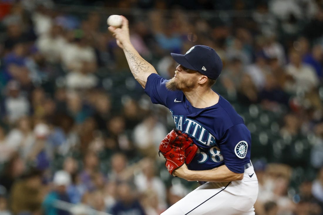 Jul 1, 2022; Seattle, Washington, USA; Seattle Mariners relief pitcher Ken Giles (58) throws against the Oakland Athletics during the ninth inning at T-Mobile Park. Mandatory Credit: Joe Nicholson-USA TODAY Sports