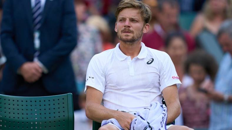 Jul 5, 2022; London, England, United Kingdom; David Goffin (BEL) looks on at change of ends during a quarterfinals mens singles match against Cameron Norrie (GBR) on Number one court at the 2022 Wimbledon Championships at All England Lawn Tennis and Croquet Club. Mandatory Credit: Peter van den Berg-USA TODAY Sports