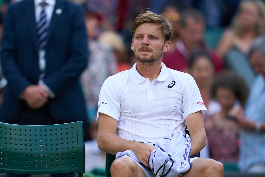 Jul 5, 2022; London, England, United Kingdom; David Goffin (BEL) looks on at change of ends during a quarterfinals mens singles match against Cameron Norrie (GBR) on Number one court at the 2022 Wimbledon Championships at All England Lawn Tennis and Croquet Club. Mandatory Credit: Peter van den Berg-USA TODAY Sports