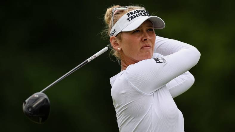 Jun 24, 2022; Bethesda, Maryland, USA; Jessica Korda plays her shot from the 14th tee during the second round of the KPMG Women's PGA Championship golf tournament at Congressional Country Club. Mandatory Credit: Scott Taetsch-USA TODAY Sports