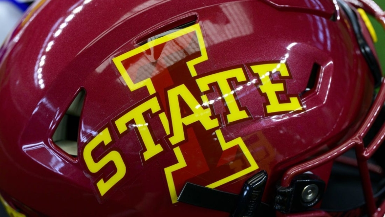 Jul 14, 2022; Arlington, TX, USA; A view of the Iowa State Cyclones helmet logo during the Big 12 Media Day at AT&T Stadium. Mandatory Credit: Jerome Miron-USA TODAY Sports