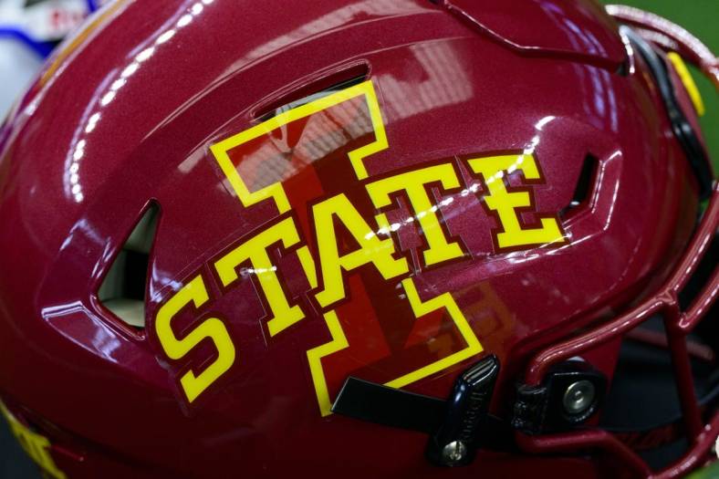 Jul 14, 2022; Arlington, TX, USA; A view of the Iowa State Cyclones helmet logo during the Big 12 Media Day at AT&T Stadium. Mandatory Credit: Jerome Miron-USA TODAY Sports