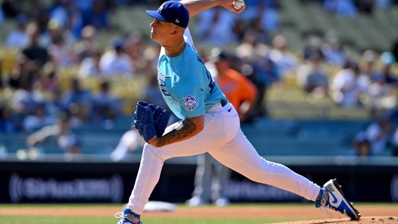 Jul 16, 2022; Los Angeles, CA, USA; National League Futures starting pitcher Bobby Miller (25) throws to the plate in the first inning of the All Star-Futures Game at Dodger Stadium. Mandatory Credit: Jayne Kamin-Oncea-USA TODAY Sports