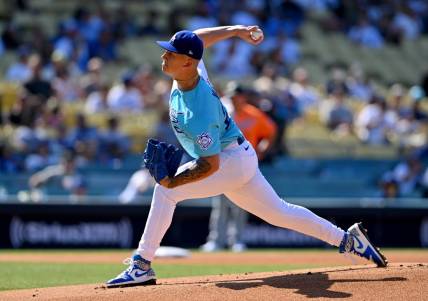 Jul 16, 2022; Los Angeles, CA, USA; National League Futures starting pitcher Bobby Miller (25) throws to the plate in the first inning of the All Star-Futures Game at Dodger Stadium. Mandatory Credit: Jayne Kamin-Oncea-USA TODAY Sports