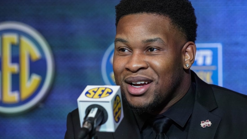 Jul 19, 2022; Atlanta, GA, USA; Mississippi State player Nathaniel Watson speaks with the media during SEC Media Days at the College Football Hall of Fame. Mandatory Credit: Dale Zanine-USA TODAY Sports