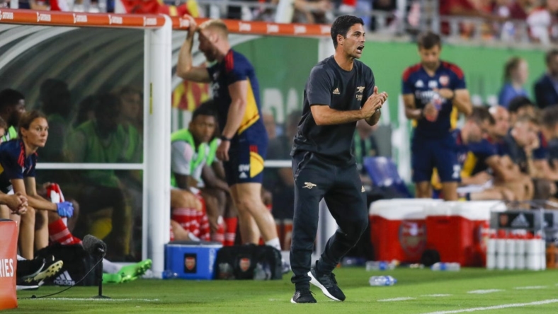 Jul 23, 2022; Orlando, FL, USA; Arsenal head coach Mikel Arteta reacts on the sideline during the first half against Chelsea at Camping World Stadium. Mandatory Credit: Sam Navarro-USA TODAY Sports