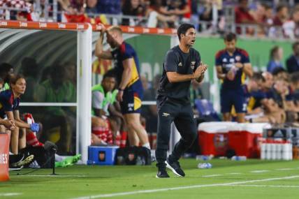 Jul 23, 2022; Orlando, FL, USA; Arsenal head coach Mikel Arteta reacts on the sideline during the first half against Chelsea at Camping World Stadium. Mandatory Credit: Sam Navarro-USA TODAY Sports