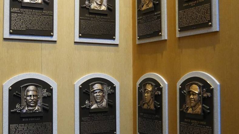 Jul 24, 2022; Cooperstown, New York, USA; Hall of Famers Bud Fowler, Buck O   Neil, Gil Hodges, Minnie Minoso, Tony Oliva, Jim Kaat and David Fritz   s Hall of Fame Plaques mounted permanently inside the National Baseball Hall of Fame after the Baseball Hall of Fame Induction Ceremony at Clark Sports Center. Mandatory Credit: Gregory Fisher-USA TODAY Sports