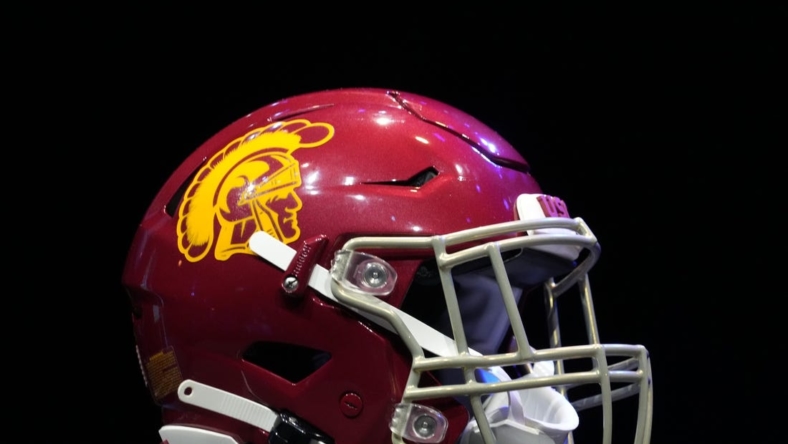 Jul 29, 2022; Los Angeles, CA, USA; A detailed view of Southern California Trojans helmet during Pac-12 Media Day at Novo Theater. Mandatory Credit: Kirby Lee-USA TODAY Sports