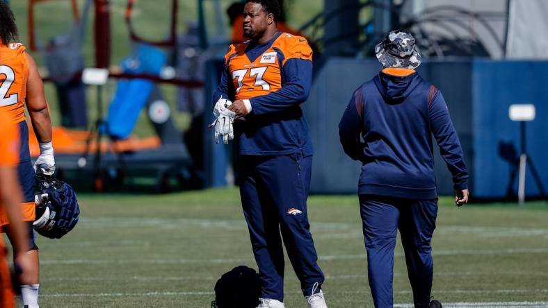 Aug 5, 2022; Englewood, CO, USA; Denver Broncos tackle Cameron Fleming (73) during training camp at the UCHealth Training Center. Mandatory Credit: Isaiah J. Downing-USA TODAY Sports