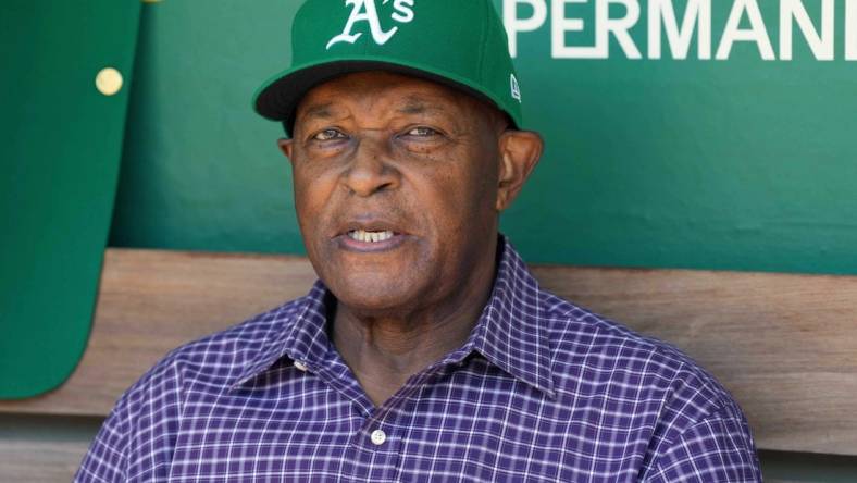 Aug 7, 2022; Oakland, California, USA; Oakland Athletics former pitcher Vida Blue sits in the dugout before the game against the San Francisco Giants at RingCentral Coliseum. Mandatory Credit: Darren Yamashita-USA TODAY Sports