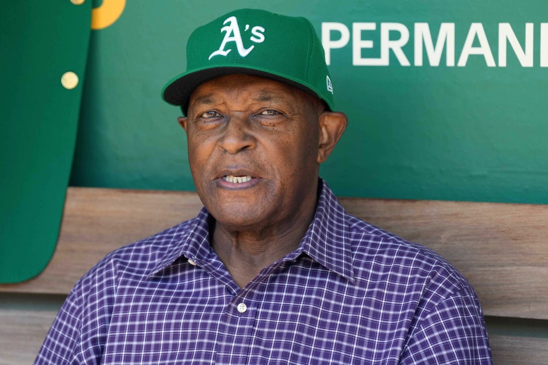 Aug 7, 2022; Oakland, California, USA; Oakland Athletics former pitcher Vida Blue sits in the dugout before the game against the San Francisco Giants at RingCentral Coliseum. Mandatory Credit: Darren Yamashita-USA TODAY Sports