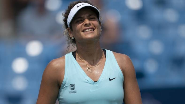 Aug 15, 2022; Cincinnati, OH, USA;  Mayar Sherif (EGY) reacts to a point during her match against Elena Rybakina (KAZ) at the Western & Southern at the Lindner Family Tennis Center. Mandatory Credit: Susan Mullane-USA TODAY Sports