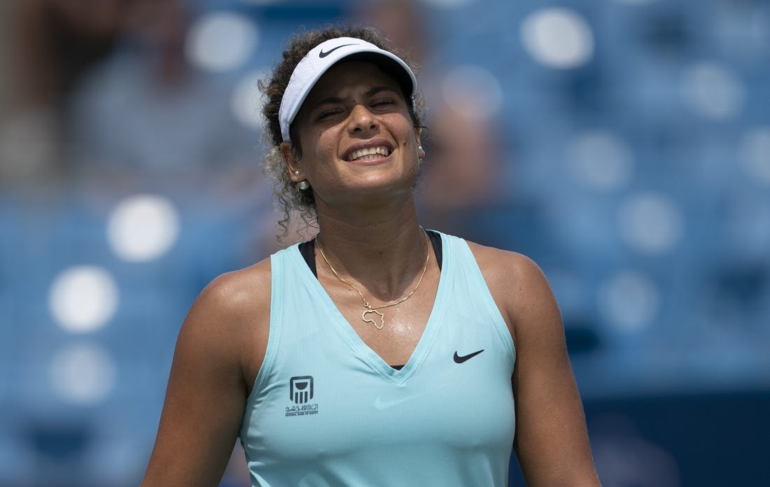 Aug 15, 2022; Cincinnati, OH, USA;  Mayar Sherif (EGY) reacts to a point during her match against Elena Rybakina (KAZ) at the Western & Southern at the Lindner Family Tennis Center. Mandatory Credit: Susan Mullane-USA TODAY Sports