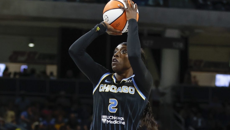 Aug 20, 2022; Chicago, Illinois, USA; Chicago Sky guard Kahleah Copper (2) shoots against the New York Liberty during the first half of Game 2 of the first round of the WNBA playoffs at Wintrust Arena. Mandatory Credit: Kamil Krzaczynski-USA TODAY Sports