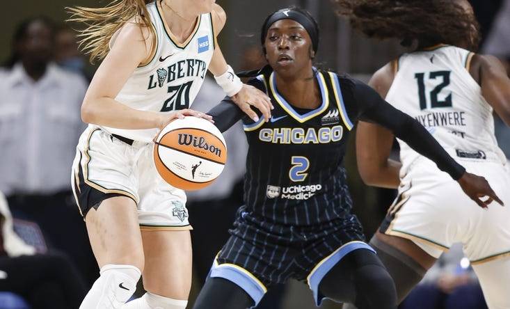 Aug 20, 2022; Chicago, Illinois, USA; New York Liberty guard Sabrina Ionescu (20) drives to the basket against Chicago Sky guard Kahleah Copper (2) during the first half of Game 2 of the first round of the WNBA playoffs at Wintrust Arena. Mandatory Credit: Kamil Krzaczynski-USA TODAY Sports