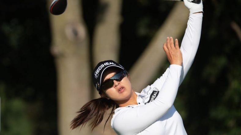 Aug 25, 2022; Ottawa, Ontario, CAN; Sei Young Kim of Korea tees off during the first round of the CP Women's Open golf tournament. Mandatory Credit: Marc DesRosiers-USA TODAY Sports