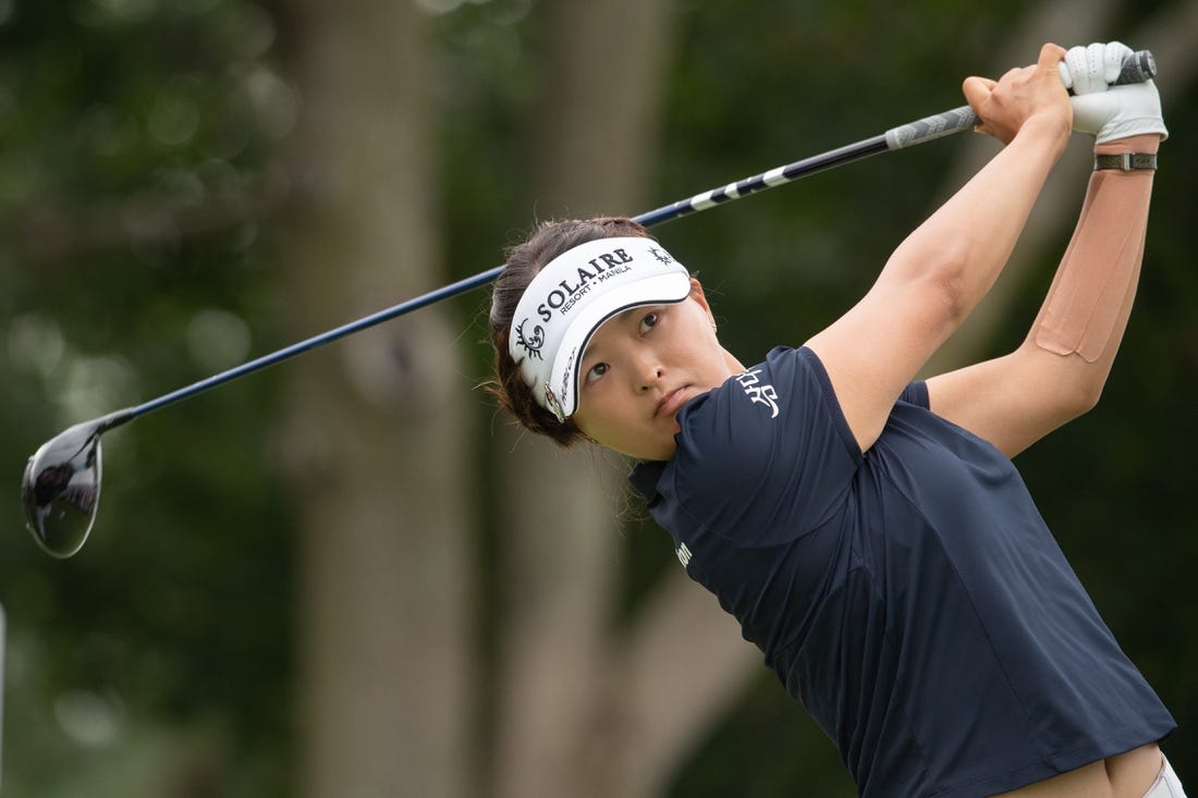 Aug 25, 2022; Ottawa, Ontario, CAN; Jin Young Ko of Korea tees off during the first round of the CP Women's Open golf tournament. Mandatory Credit: Marc DesRosiers-USA TODAY Sports