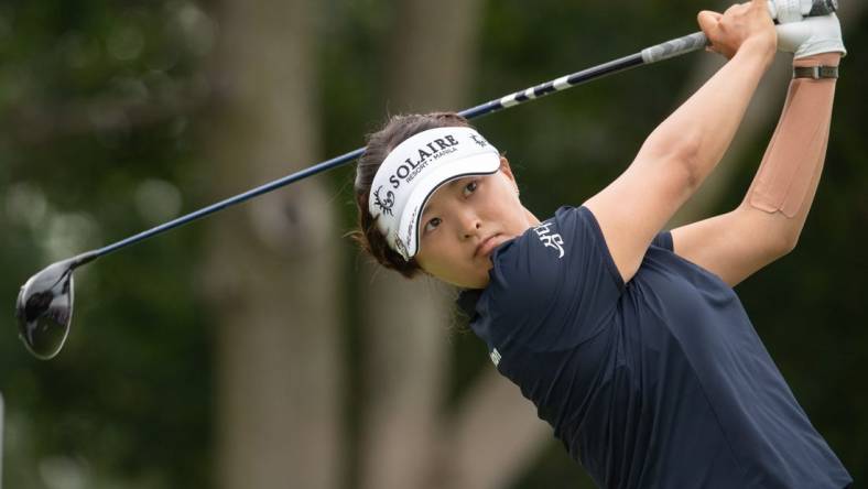 Aug 25, 2022; Ottawa, Ontario, CAN; Jin Young Ko of Korea tees off during the first round of the CP Women's Open golf tournament. Mandatory Credit: Marc DesRosiers-USA TODAY Sports