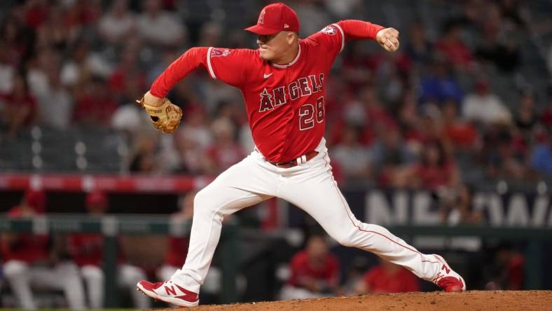 Sep 6, 2022; Anaheim, California, USA; Los Angeles Angels relief pitcher Aaron Loup (28) pitches in the seventh inning against the Detroit Tigers at Angel Stadium. Mandatory Credit: Kirby Lee-USA TODAY Sports