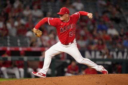 Sep 6, 2022; Anaheim, California, USA; Los Angeles Angels relief pitcher Aaron Loup (28) pitches in the seventh inning against the Detroit Tigers at Angel Stadium. Mandatory Credit: Kirby Lee-USA TODAY Sports