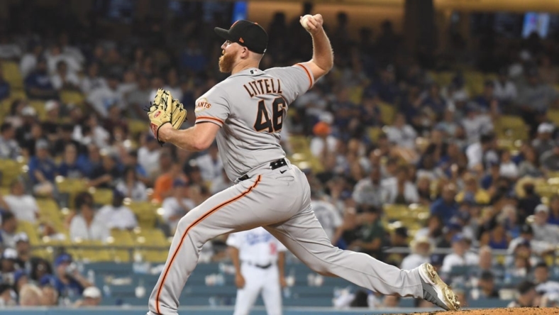 Sep 6, 2022; Los Angeles, California, USA; San Francisco Giants relief pitcher Zack Littell (46) throws a pitch in the eighth inning against the Los Angeles Dodgers at Dodger Stadium. Mandatory Credit: Richard Mackson-USA TODAY Sports