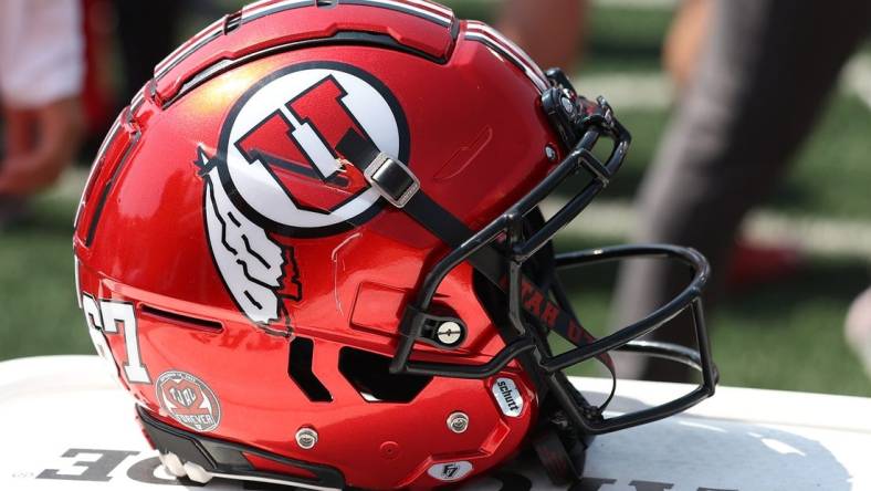 Sep 10, 2022; Salt Lake City, Utah, USA; A general view of the football helmet worn by the Utah Utes against the Southern Utah Thunderbirds at Rice-Eccles Stadium. Mandatory Credit: Rob Gray-USA TODAY Sports