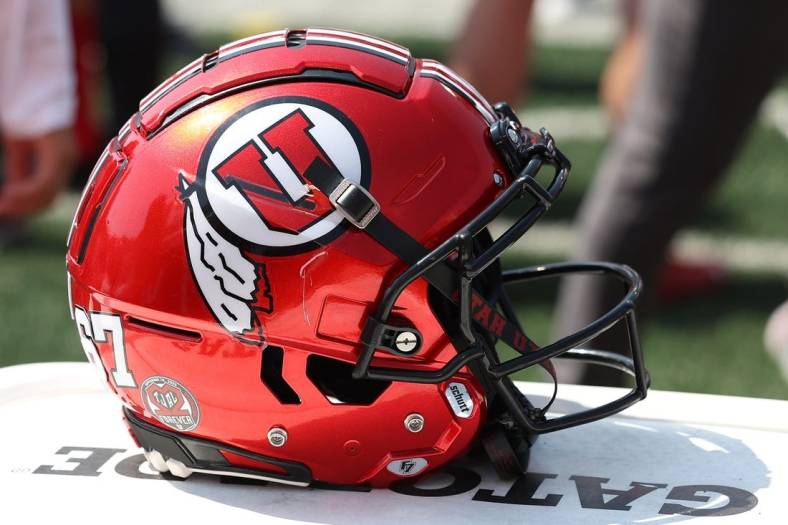 Sep 10, 2022; Salt Lake City, Utah, USA; A general view of the football helmet worn by the Utah Utes against the Southern Utah Thunderbirds at Rice-Eccles Stadium. Mandatory Credit: Rob Gray-USA TODAY Sports