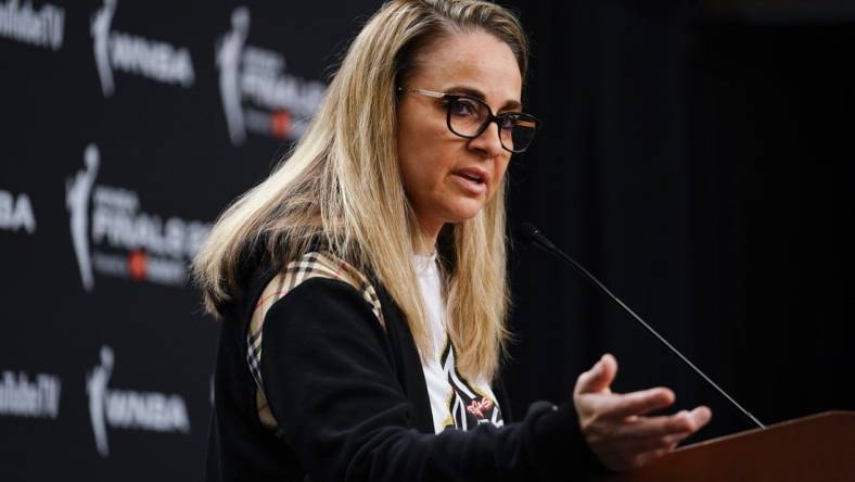 Sep 11, 2022; Las Vegas, Nevada, USA; Las Vegas Aces head coach Becky Hammon answers questions to the media prior to game one of the 2022 WNBA Finals at Michelob Ultra Arena. Mandatory Credit: Lucas Peltier-USA TODAY Sports